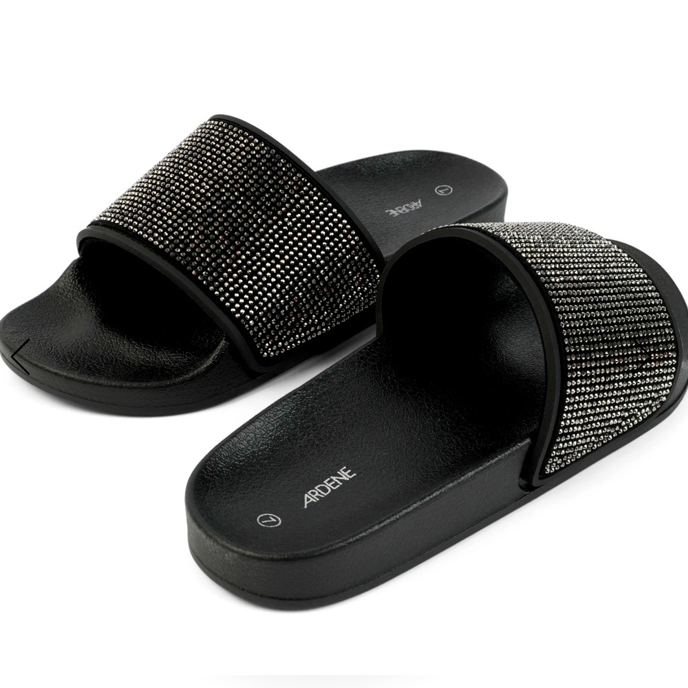 Ardene Rhinestone Embellished Slides Sandals Beach Pool Black Women Size 10 NWOT
